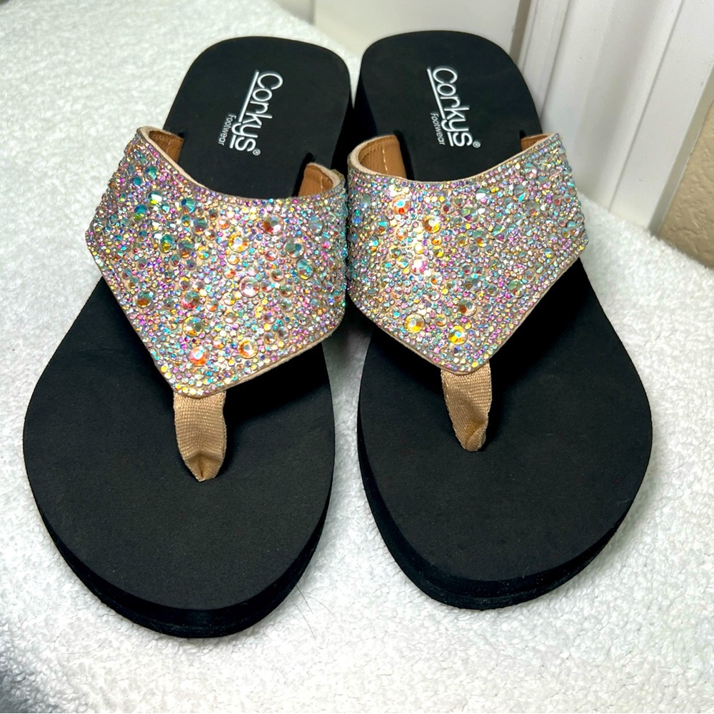 Corky’s Long Time No See, colorful Rhinestone Flip Flops Size 8